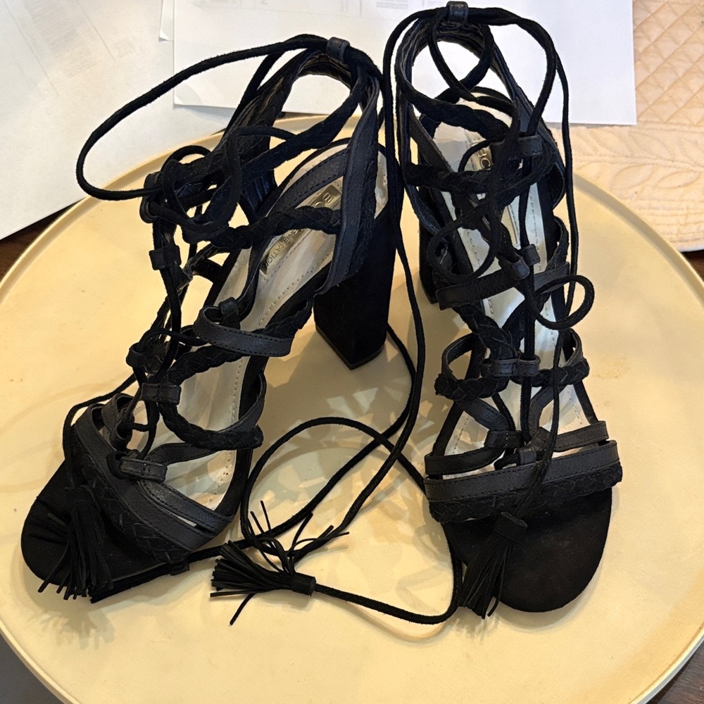BCBGeneration Ronny Braided Suede & Leather Lace-Up Tassels Block Heel Sandals